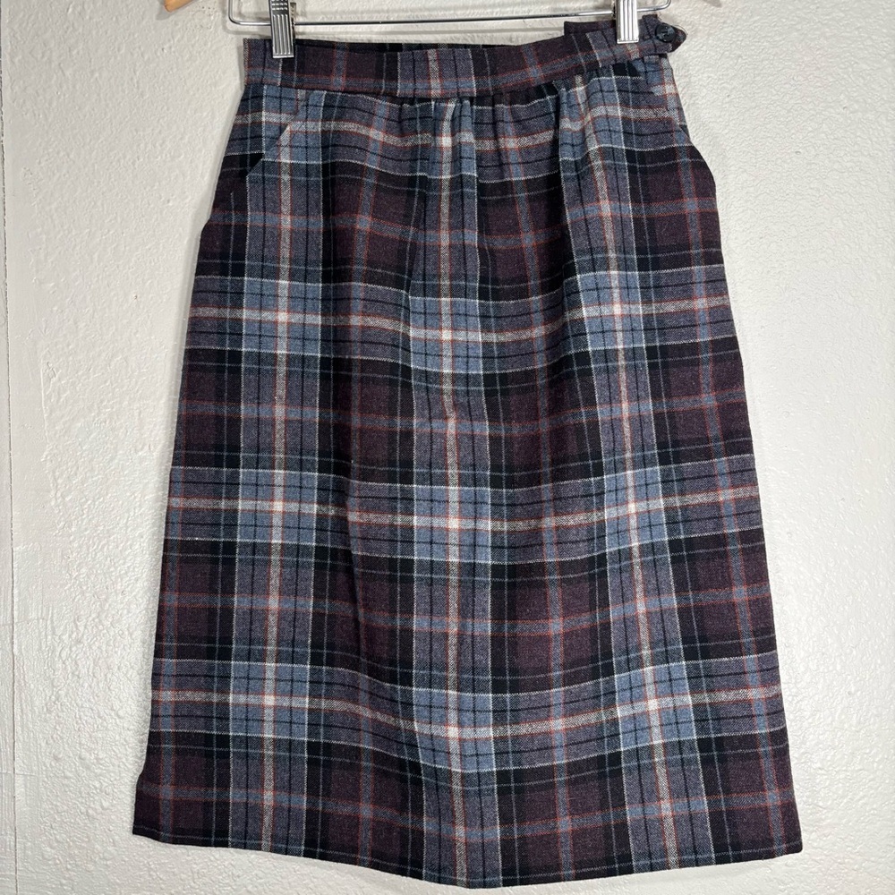 Vintage 70s Plaid Wool A Line Midi Skirt Purple Blue Size XS 26”